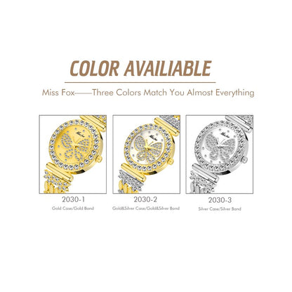 MISSFOX 2030 Butterfly Women Watches Luxury Brand Big Diamond 18K Gold Watch Waterproof Special Bracelet Expensive Ladies Wrist Watch