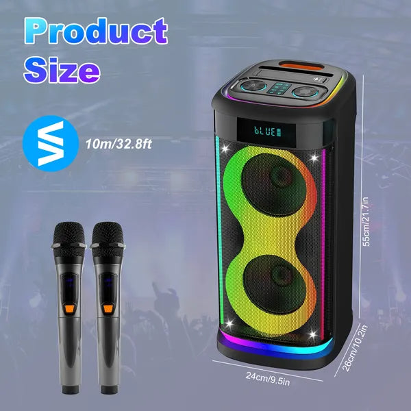 Portable Wireless Party Speaker With LED Light Wireless Mic Remote Control TWS Treble Bass Mic. Echo Music Accompany Mic. Priority Guitar In