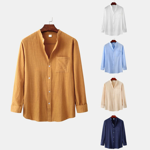 Men's Slim Solid Color Long Sleeve Shirt Cotton And Linen Casual Shirt