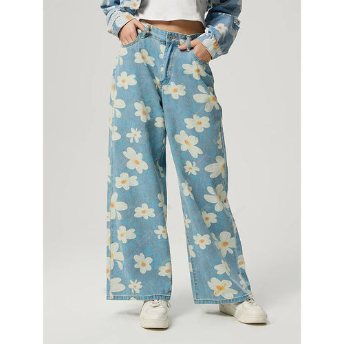 Vintage Flower Print Straight Jeans