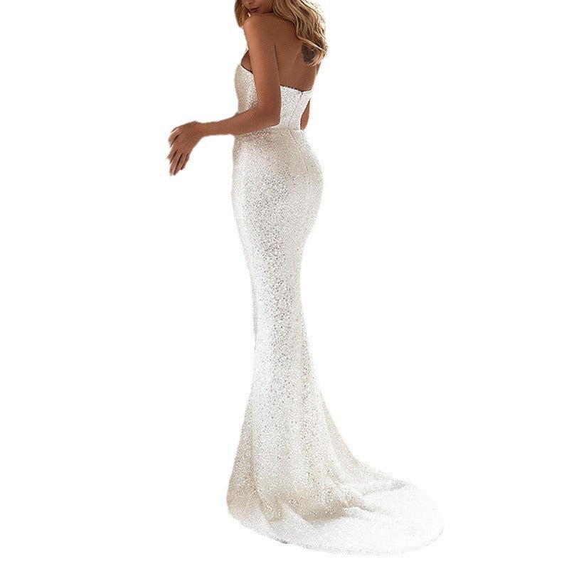 European And American Women's Clothing Slim Fit Fashion Dress Sequins White