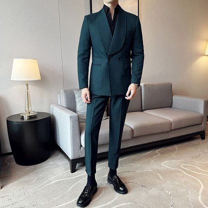 Suit Men's Double Breasted Green Collar  Casual