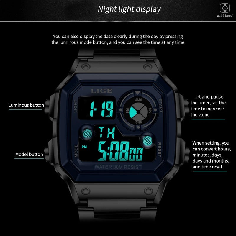 Lige Electronic Watch Unisex Watch Luminous Display Watch Multi-Function Chronograph Alarm Clock