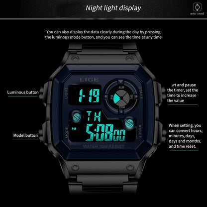 Lige Electronic Watch Unisex Watch Luminous Display Watch Multi-Function Chronograph Alarm Clock
