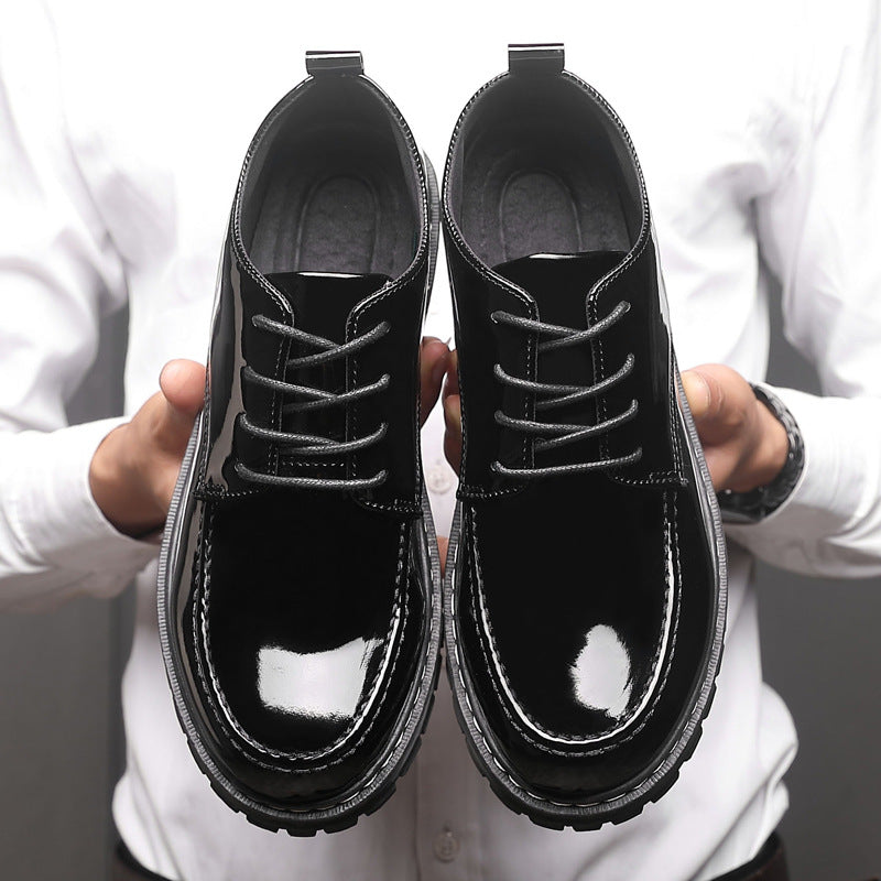 Bright leather casual leather shoes, men's business formal wear, British men's shoes, youth trend, versatile, thick soled, height increasing small leather shoes