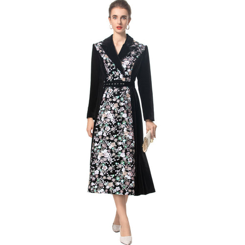 Heavy Embroidery Sequins Lapel Long Sleeve Long Black Velvet Dress