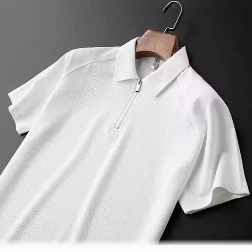 Light Luxury Summer Thin Bubble Fabric Half Zipper Polo Shirt Men's Short Sleeve Lapel T-shirt