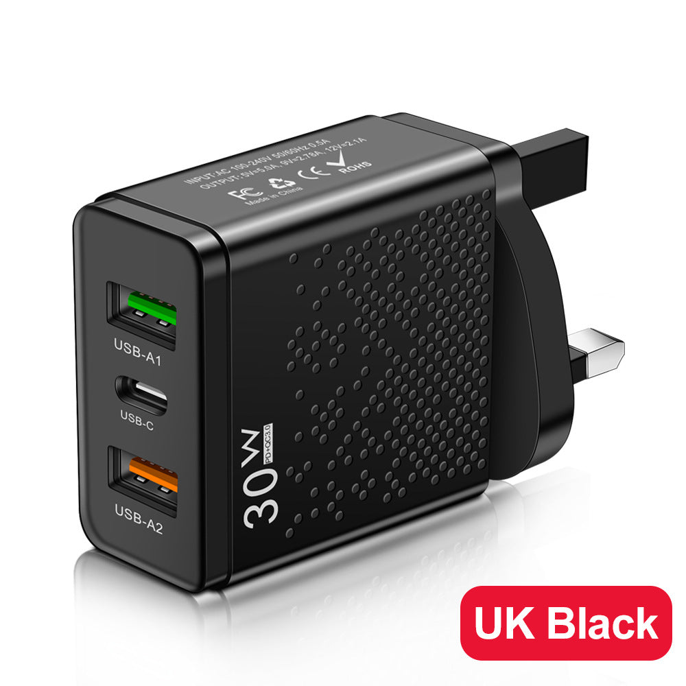 LED 2USB+PDType-C mobile phone charger with multiple ports, compliant with American, European, and British standards for travel charging