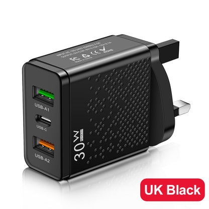 LED 2USB+PDType-C mobile phone charger with multiple ports, compliant with American, European, and British standards for travel charging
