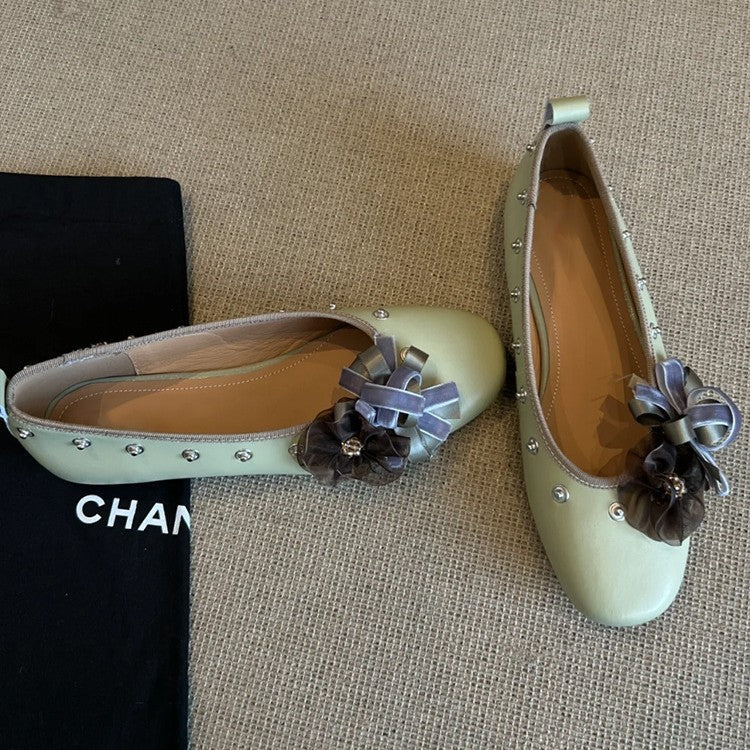Diy Flower Rivet Mary Jane Shoes Shallow Mouth Flat Bottom