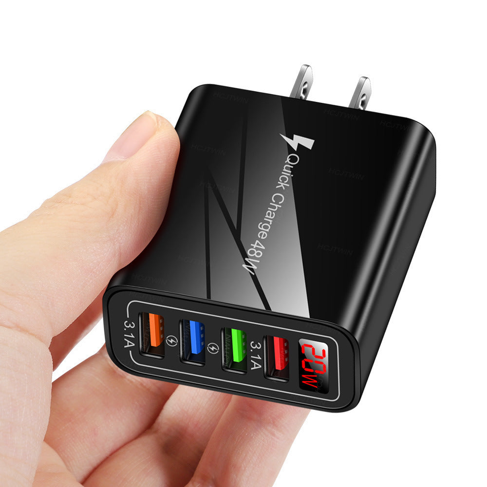 4 USB digital display mobile phone charger, European, American and British standard multi port charger with display screen