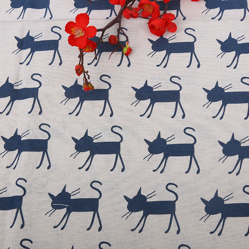 Cat Head Printing Handmade Linseed Cotton DIY Tablecloth Door Curtain Pillow Background Fabric