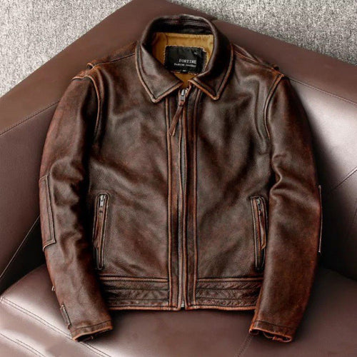 Men's Fashionable Vintage Distressed Cowhide Leather Jacket