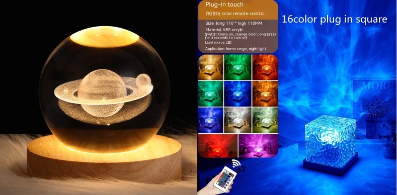 مصباح طاولة كريستالي دوار LED على شكل تموجات مائية ليلية مع منفذ USB وإضاءة RGB قابلة للتعتيم لتزيين المنزل و16 لونًا من الهدايا