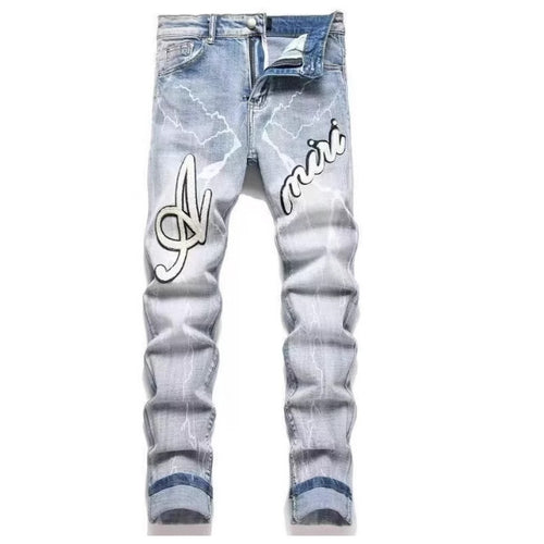 Punk Retro Blue Ripped Slim Elastic Printing Printing And Dyeing Feet Men's Jeans