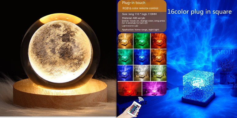 مصباح طاولة كريستالي دوار LED على شكل تموجات مائية ليلية مع منفذ USB وإضاءة RGB قابلة للتعتيم لتزيين المنزل و16 لونًا من الهدايا