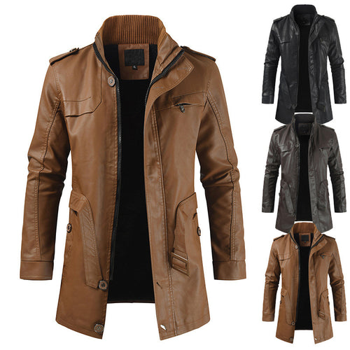 Men's Mid-length Fleece-lined Casual Stand Collar Leather Wind Coat