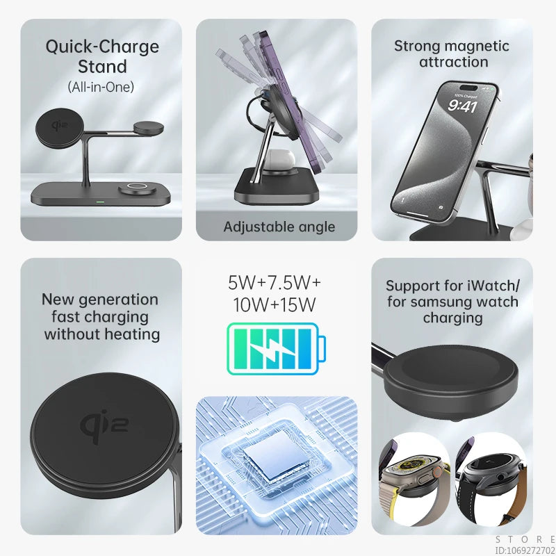 Multi functional QI2 wireless charging desktop magnetic three in one charging stand