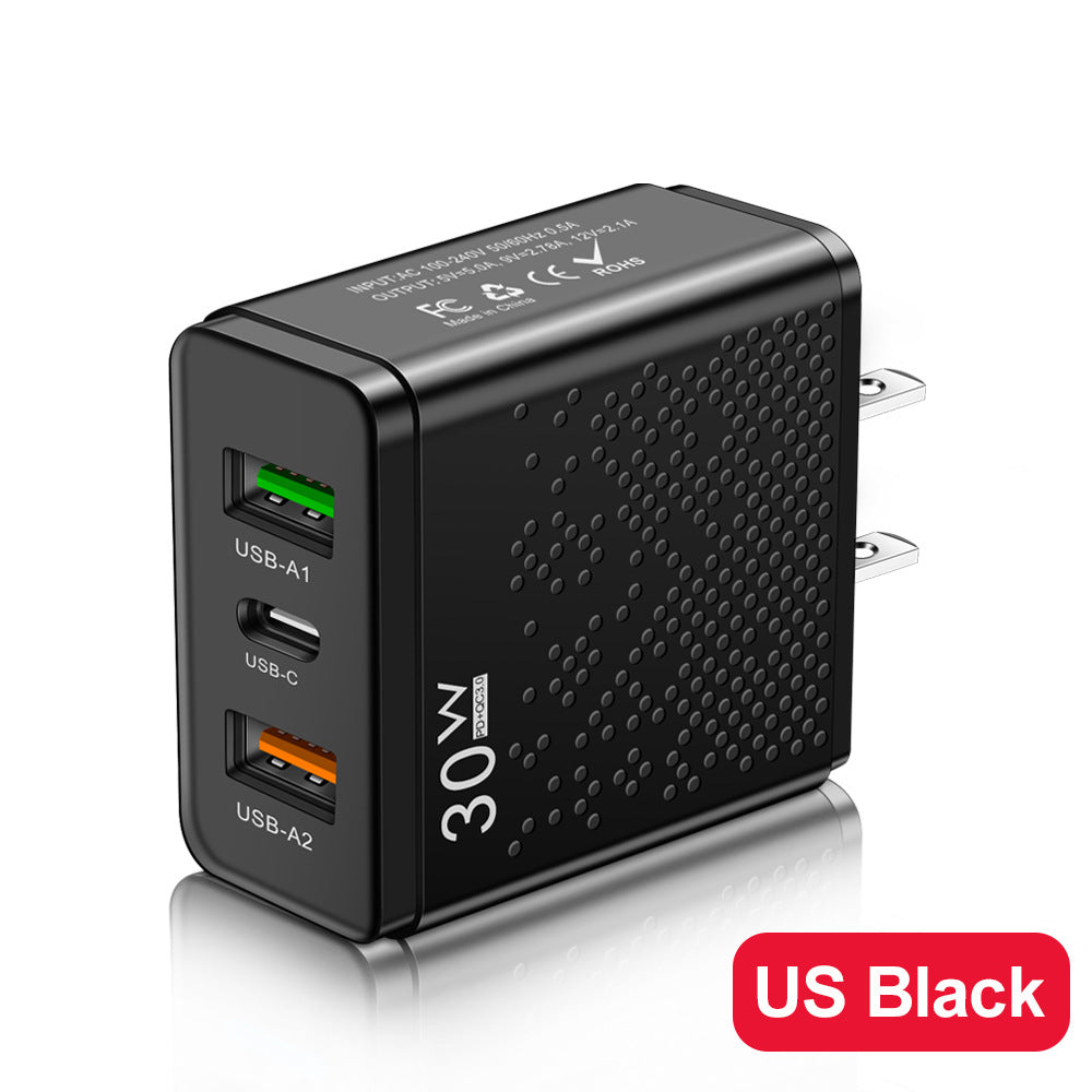 LED 2USB+PDType-C mobile phone charger with multiple ports, compliant with American, European, and British standards for travel charging