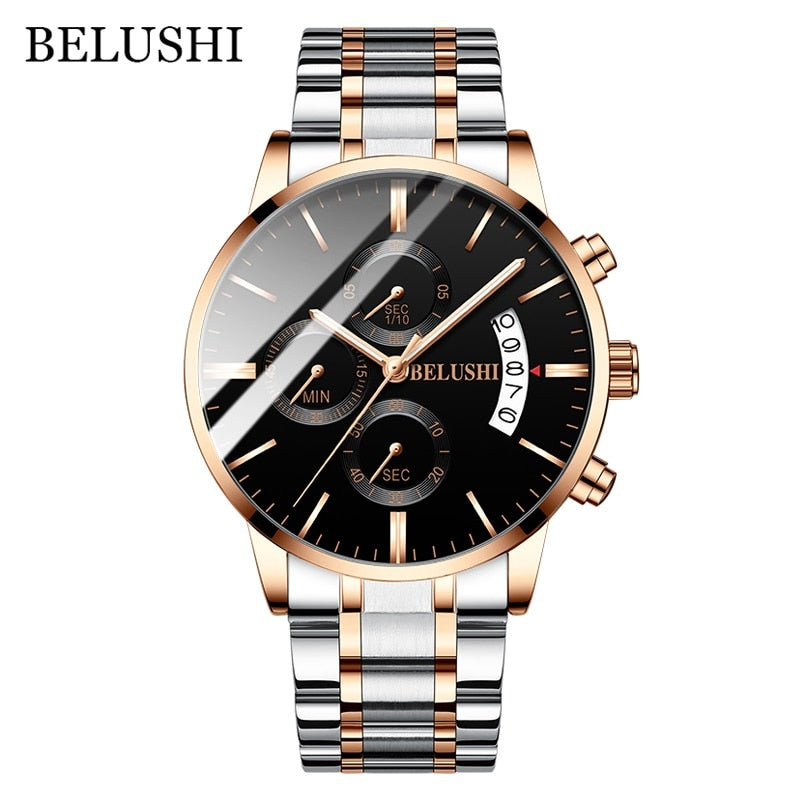 BELUSHI Fashion Men's Quartz Watch Chronograph Sport Men Watches Top Brand Luxury Full Steel Waterproof Clock