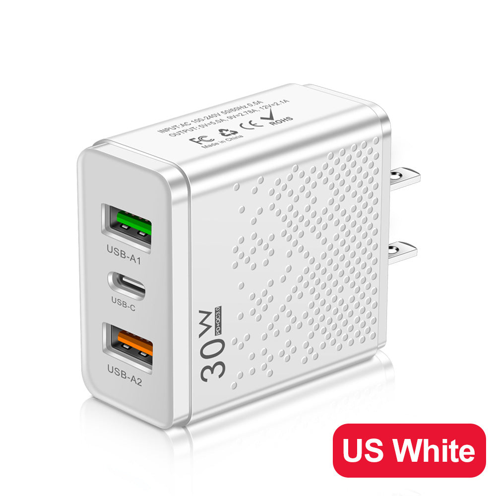 LED 2USB+PDType-C mobile phone charger with multiple ports, compliant with American, European, and British standards for travel charging