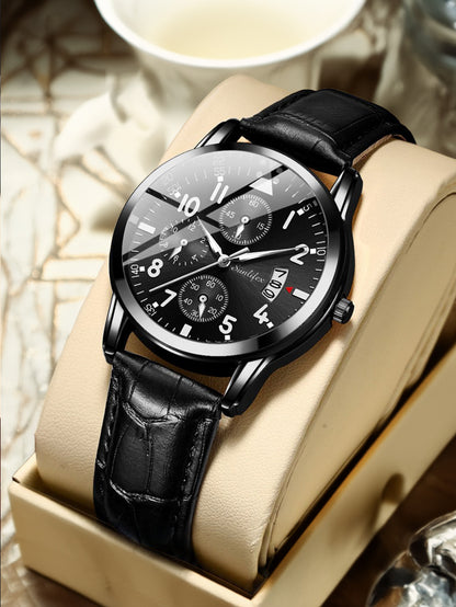 Men's Watch Student Men's Night Light Waterproof Sports Leather Strap Black