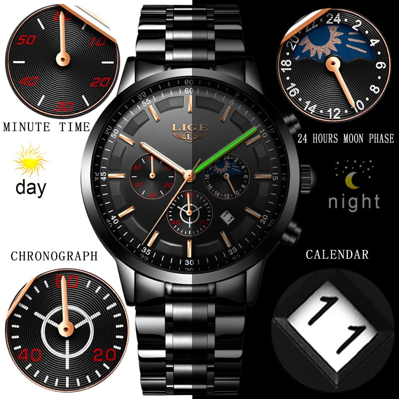 LIGE  Quartz Clock Mens Watches Top Brand Luxury Business Waterproof