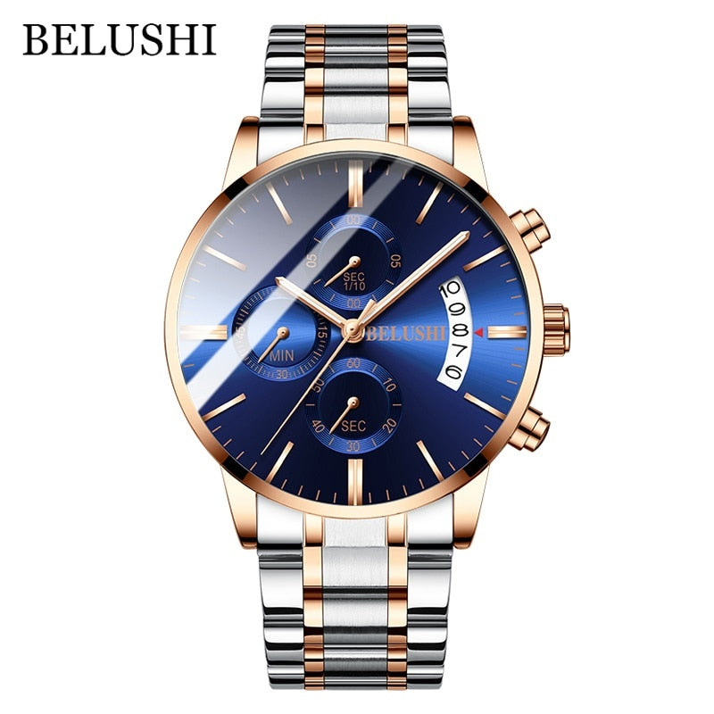 BELUSHI Fashion Men's Quartz Watch Chronograph Sport Men Watches Top Brand Luxury Full Steel Waterproof Clock