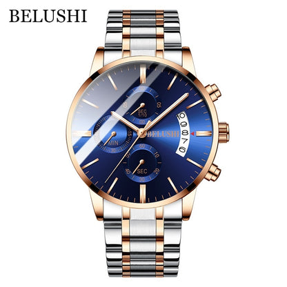 BELUSHI Fashion Men's Quartz Watch Chronograph Sport Men Watches Top Brand Luxury Full Steel Waterproof Clock