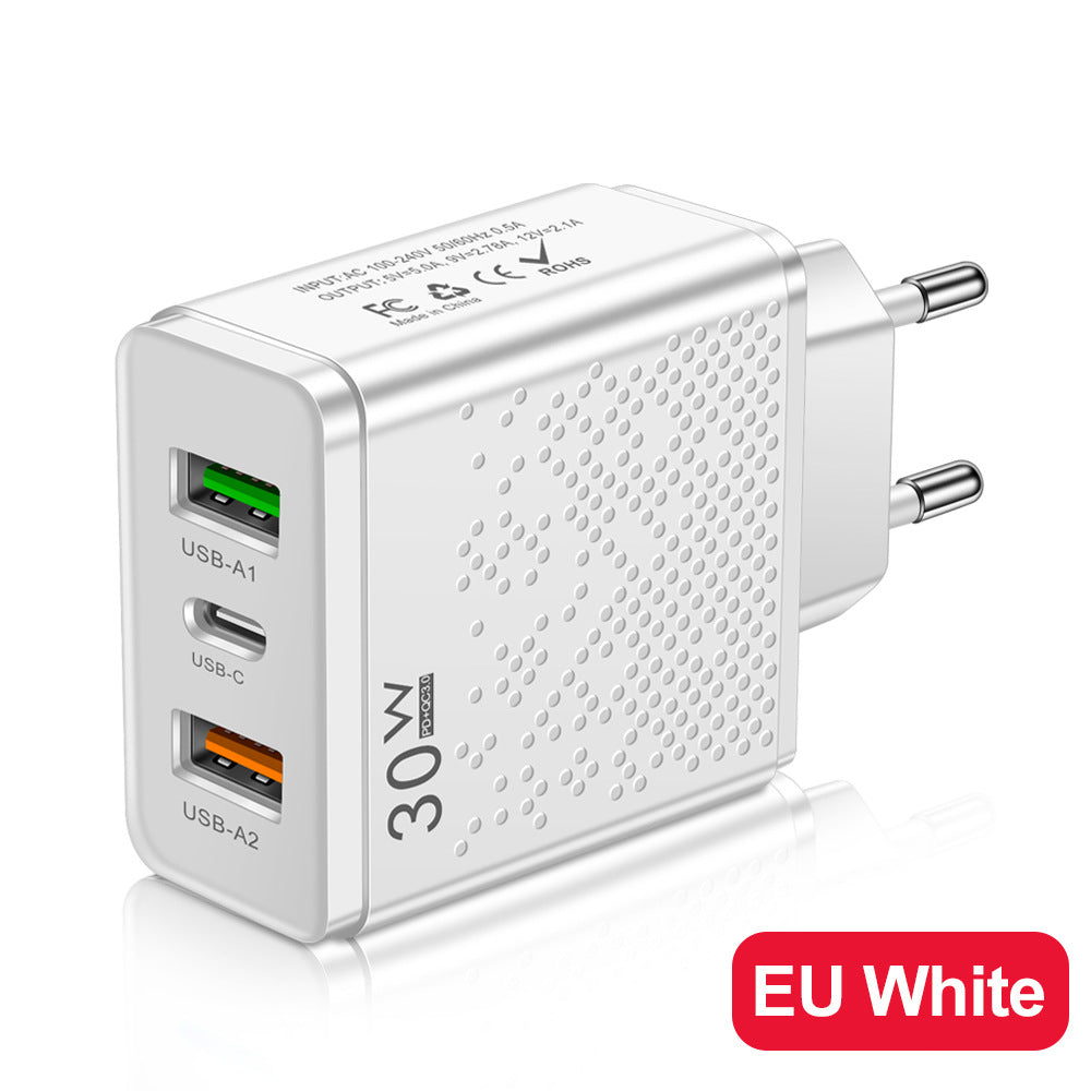 LED 2USB+PDType-C mobile phone charger with multiple ports, compliant with American, European, and British standards for travel charging