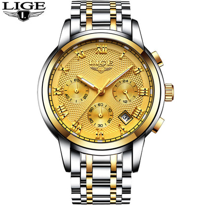 Men's Watch LIGE Brand Sports Business Waterproof Multi-Function Three-Eye Corrugated Watch