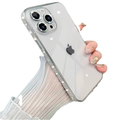 Sparkling pink border phone case transparent and suitable for Apple 14proMax creative mirror 13 glass protective case