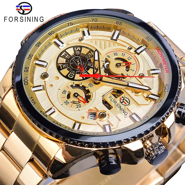 Forsining Three Dial Calendar Stainless Steel Men Mechanical Automatic Wrist Watches Top Brand Luxury Military