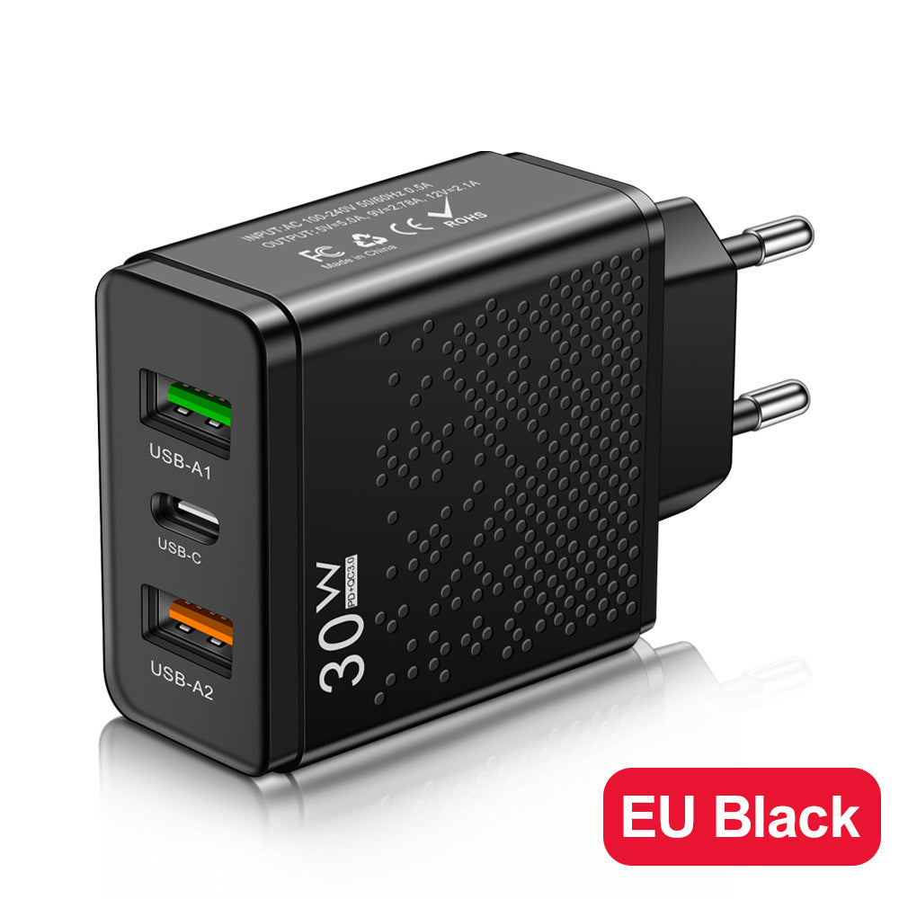 LED 2USB+PDType-C mobile phone charger with multiple ports, compliant with American, European, and British standards for travel charging
