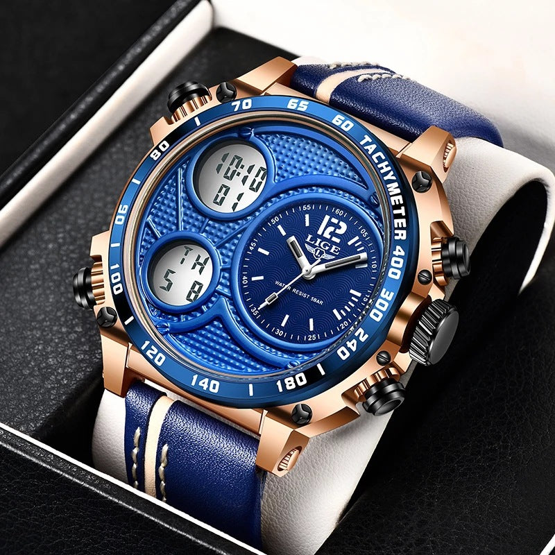 Lige Business Electronic Watch Dual Display Multi Function Low Cost Watch Men's Sports Waterproof