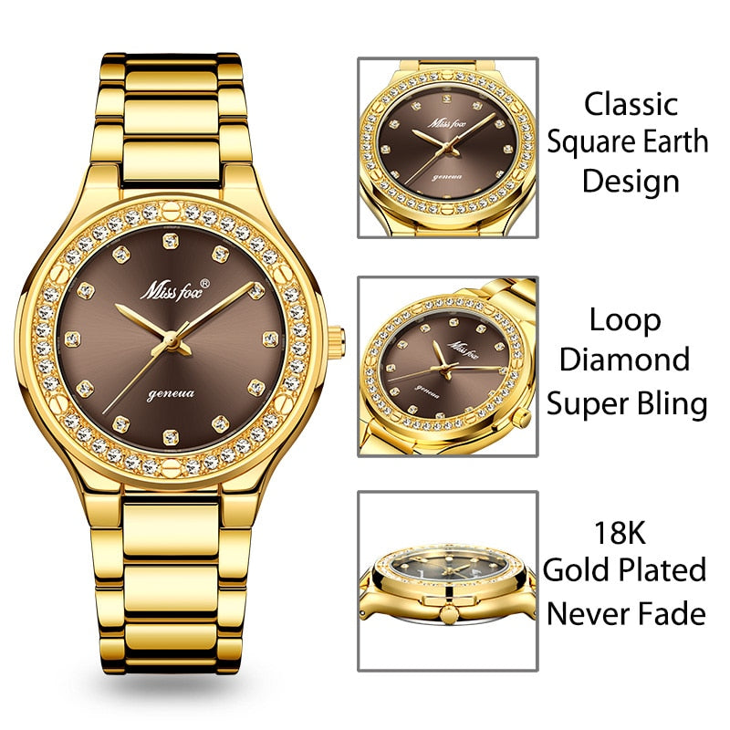 MISSFOX 2742 Elegant Woman Watch Luxury Brand Female Wristwatch Japan Movt 30M Waterproof Gold Expensive Analog Geneva