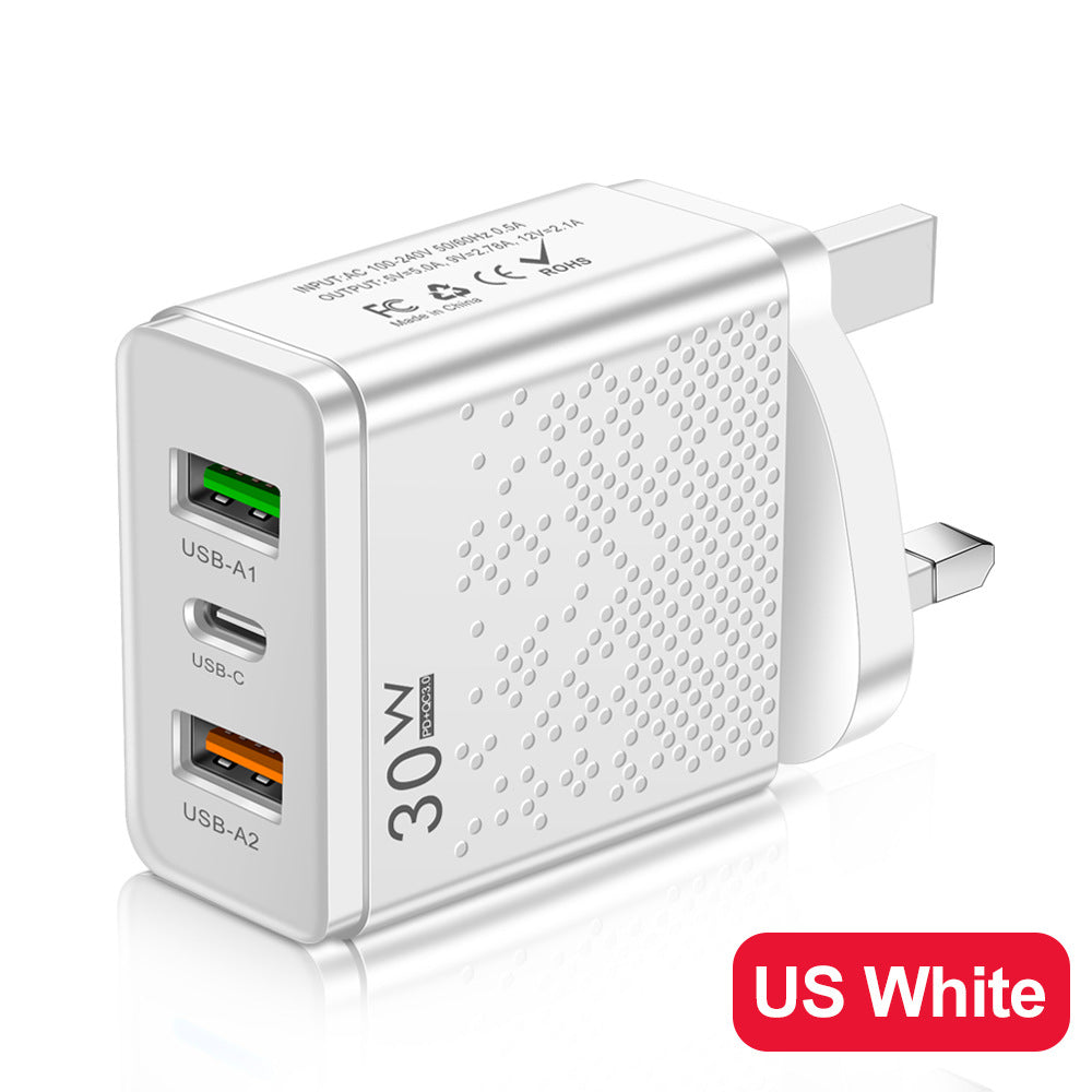 LED 2USB+PDType-C mobile phone charger with multiple ports, compliant with American, European, and British standards for travel charging