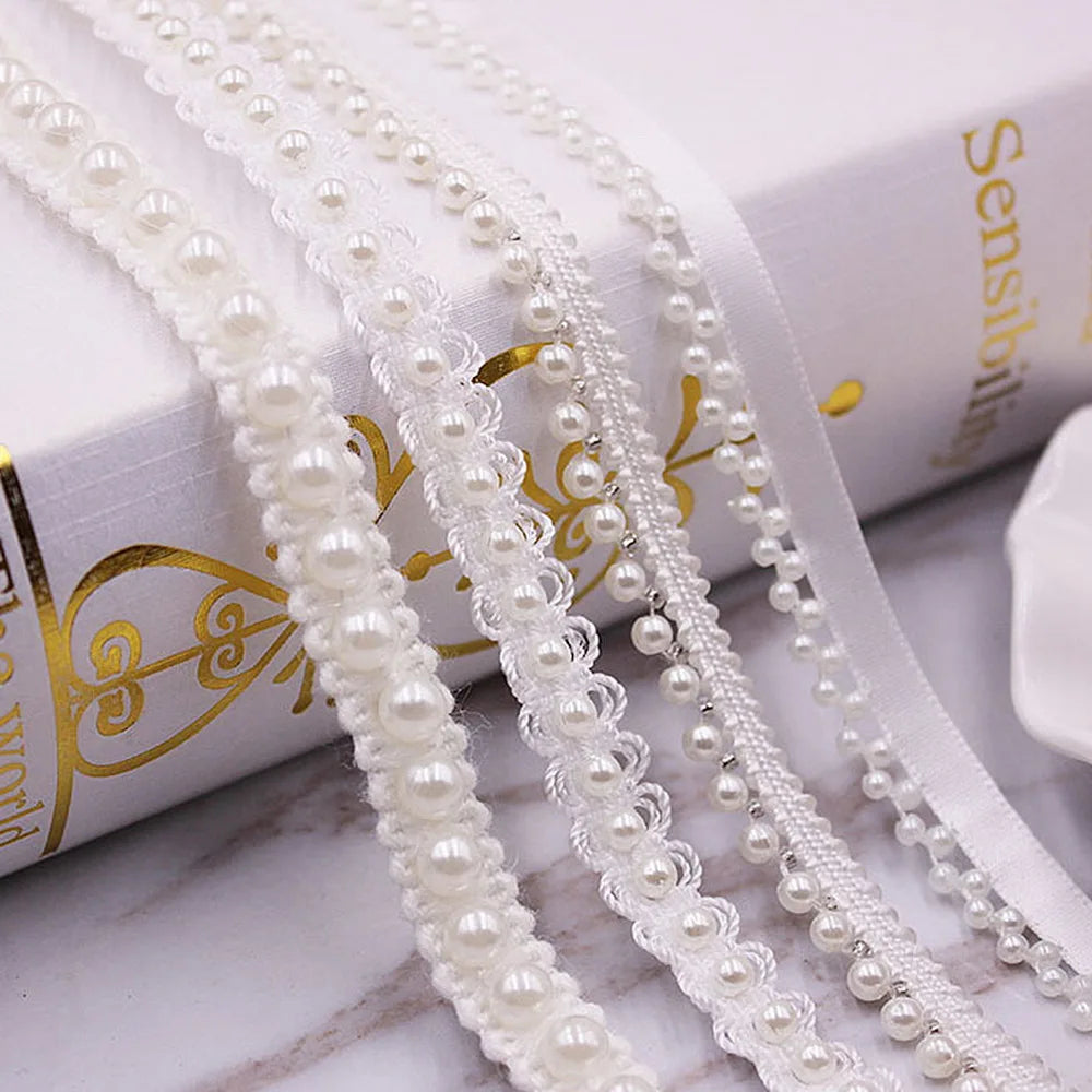 1 Yard White Black Gold Pearl Lace Trim Crease Mesh Ribbon Lace Fabric Collar Dress Sewing Garment Headdress Materials 3/4/6/8mm