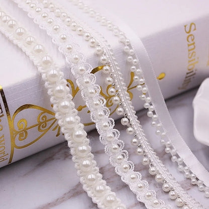 1 Yard White Black Gold Pearl Lace Trim Crease Mesh Ribbon Lace Fabric Collar Dress Sewing Garment Headdress Materials 3/4/6/8mm