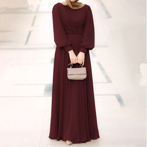 New Solid Color Puff Sleeve Casual Pleated Dress