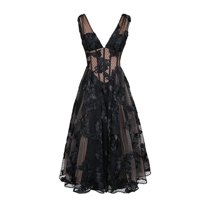 Black Deep V-neck Mesh A- Line High-end Evening Dress