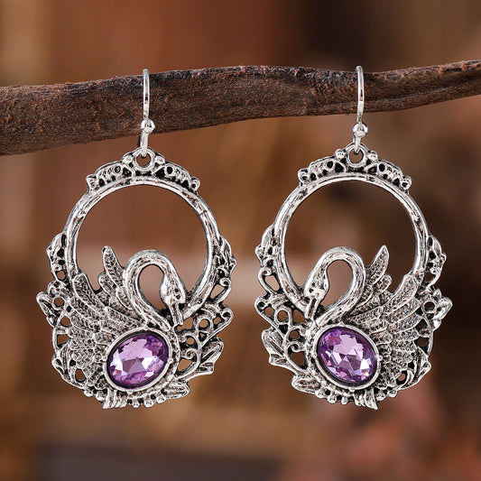 Vintage Vintage Inlaid Zircon Swan Pendant Earrings