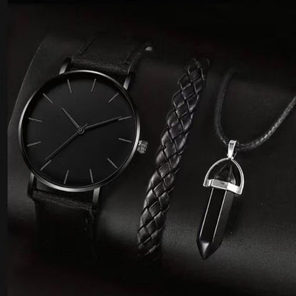 Men's Disc Watch With Rectangle And Beads Bracelet Three-piece Set