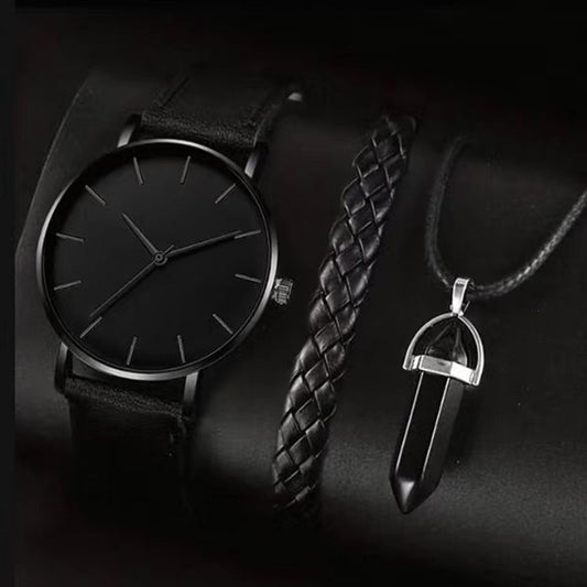 Men's Disc Watch With Rectangle And Beads Bracelet Three-piece Set