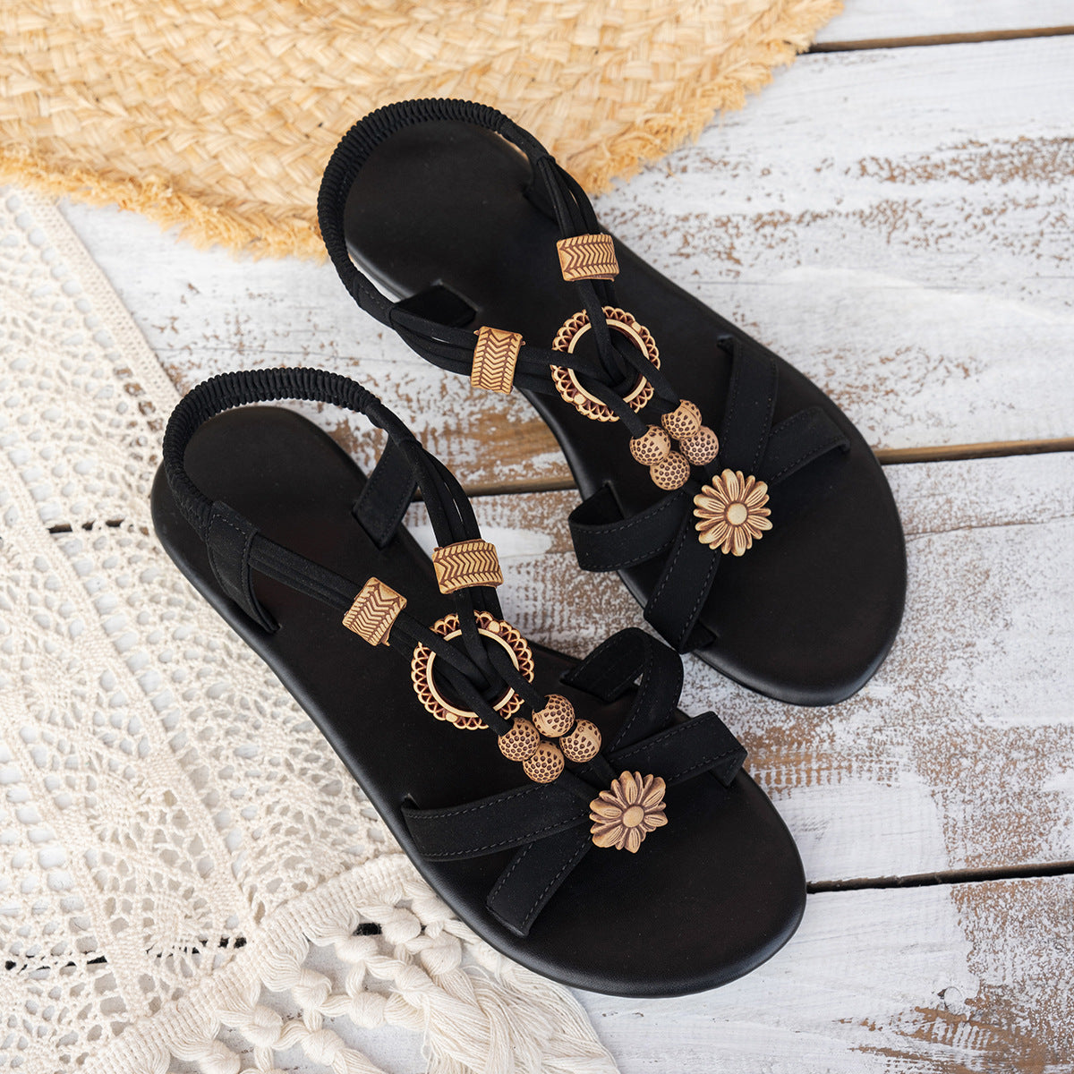 Ethnic Style Flat Women's Beaded Weave Open Toe Beach Sandals