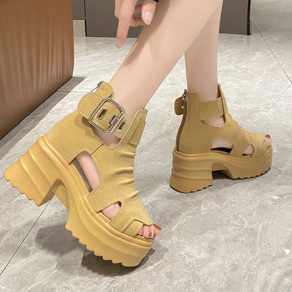 Women's Roman Platform Shoes Hollow-out Chunky Heel Platform Sandals
