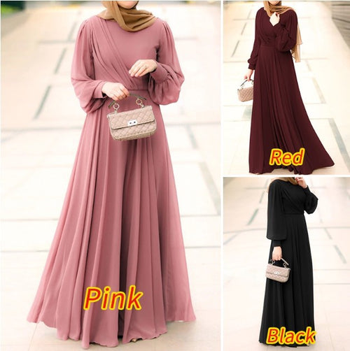 New Solid Color Puff Sleeve Casual Pleated Dress