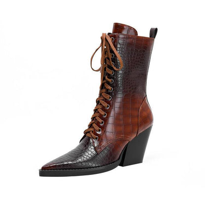 Retro Pointed Stone Pattern Chunky Heel Simple Lace High Heels Fashion Boots