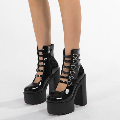 Sweet Patent Leather Chunky Heel Waterproof Platform High Heels Women