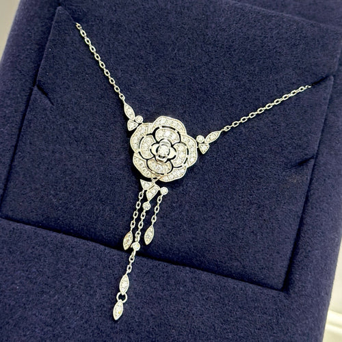 Female 925 Silver Inlaid Zirconia Diamond Camellia Tassel Necklace